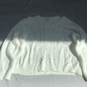 V neck white cable sweater